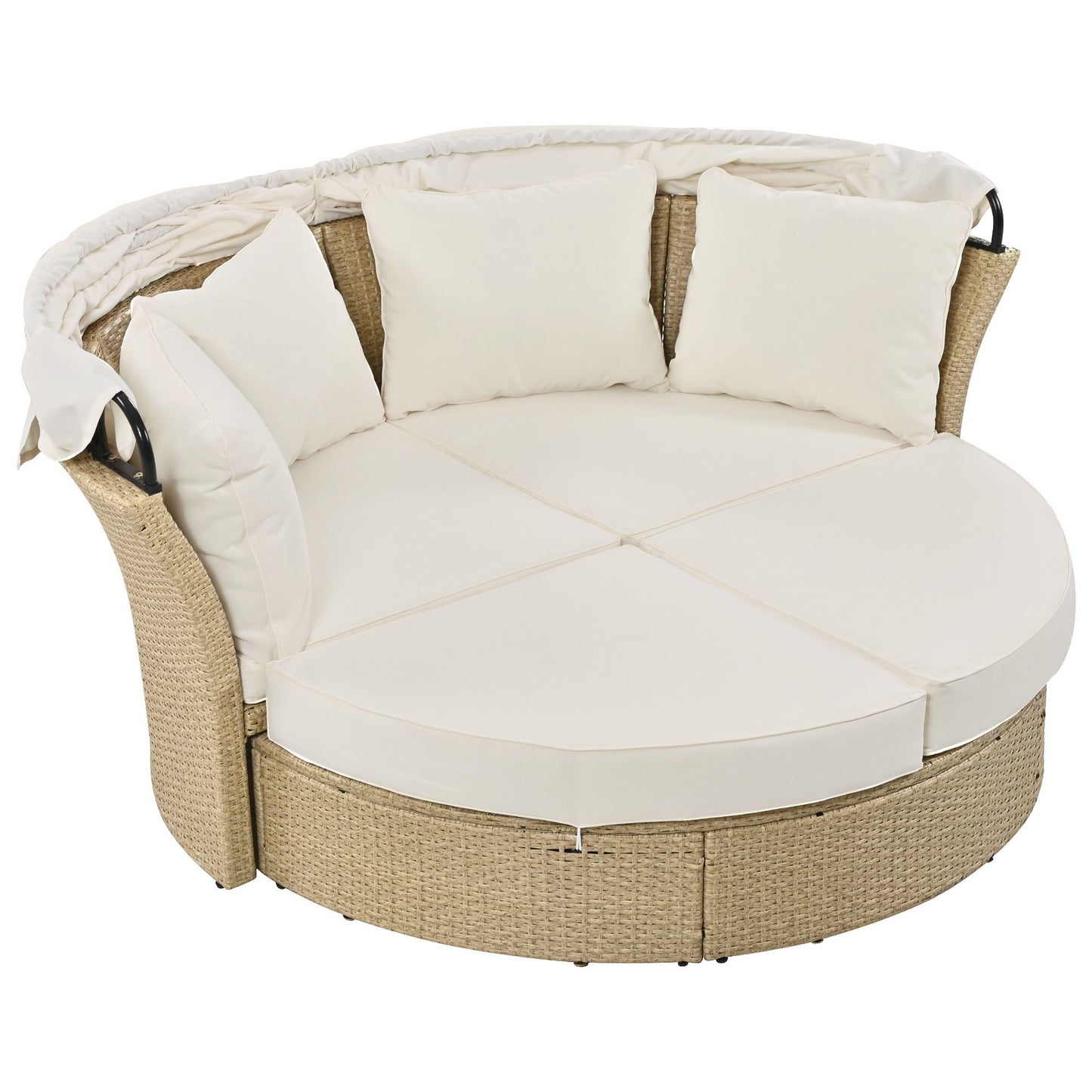 Outdoor Patio Daybed Wicker Rattan Double Daybed Round Sofa Furniture Set With Retractable Canopy, 4 Pillows For Lawn Garden Backyard Porch Pool - Beige