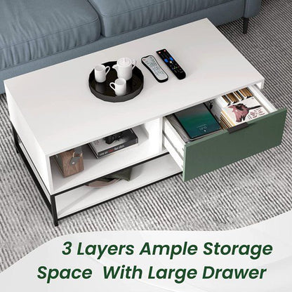 Watson - Wood Coffee Table Steel Frame With Shelves And Drawer - White And Green