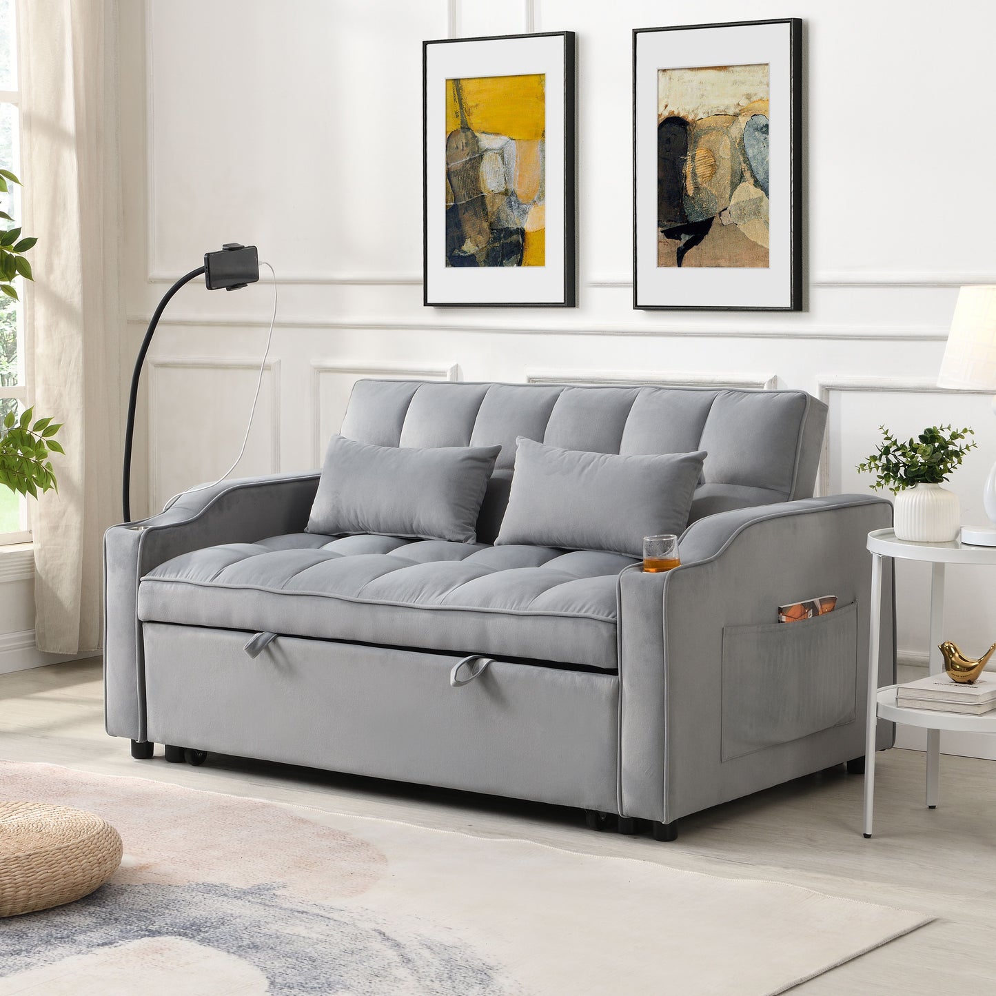 Modern Velvet Loveseat Futon Sofa Couch With Pullout Bed, Adjustable Backrest, Toss Pillows - Light Gray