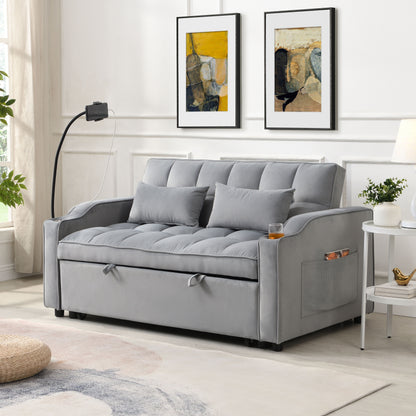 Modern Velvet Loveseat Futon Sofa Couch With Pullout Bed, Adjustable Backrest, Toss Pillows - Light Gray