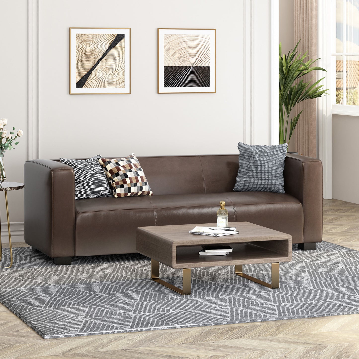 Contemporary 3 Seater Sofa With Tuxedo Design - Dark Brown