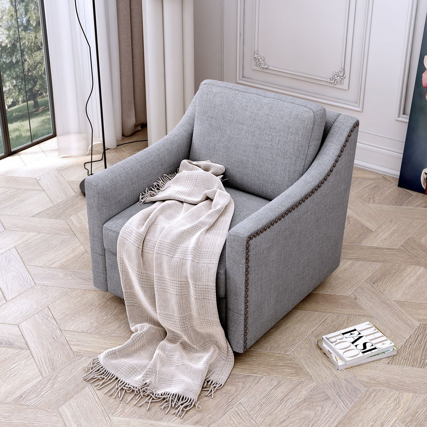 360 Degree Swivel Armchair Cotton Linen Skin - Friendly Fabric Ergonomic Design Brass Nail Decorative Armchair Living Room Chairs Bedroom Chairs Living Room Chairs Black Legs Suitable For Indoor Homes - Gray