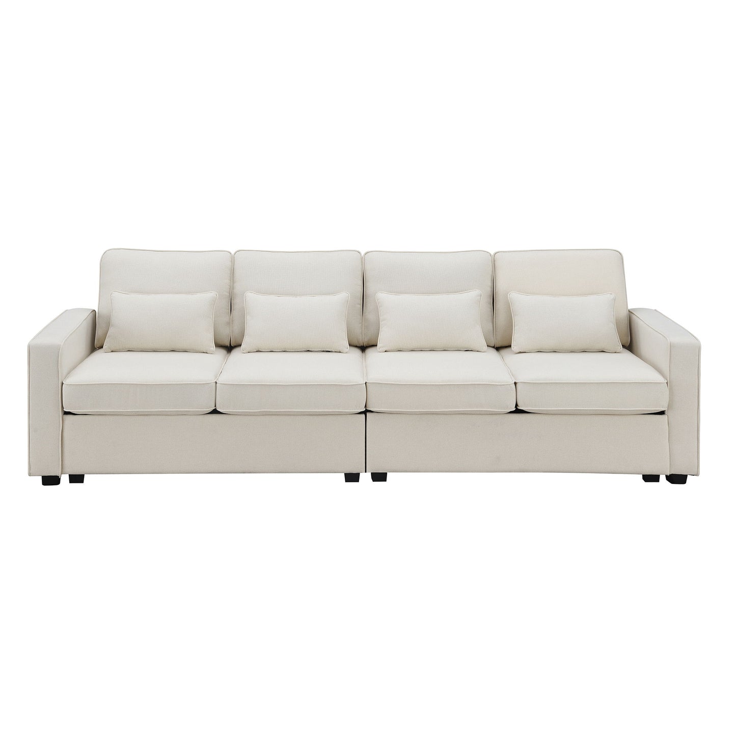 4 Seater Modern Linen Sofa With Armrest Pockets And 4 Pillows, Minimalist Style Couch - Beige