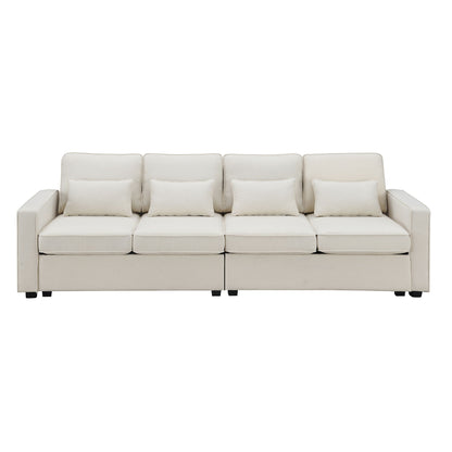 4 Seater Modern Linen Sofa With Armrest Pockets And 4 Pillows, Minimalist Style Couch - Beige