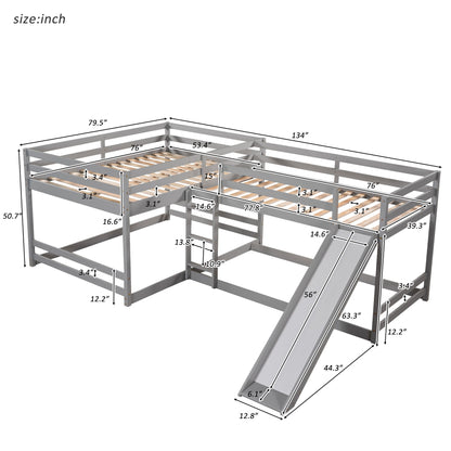Full And Twin Size L-Shaped Bunk Bed With Slide And Short Ladder - Gray