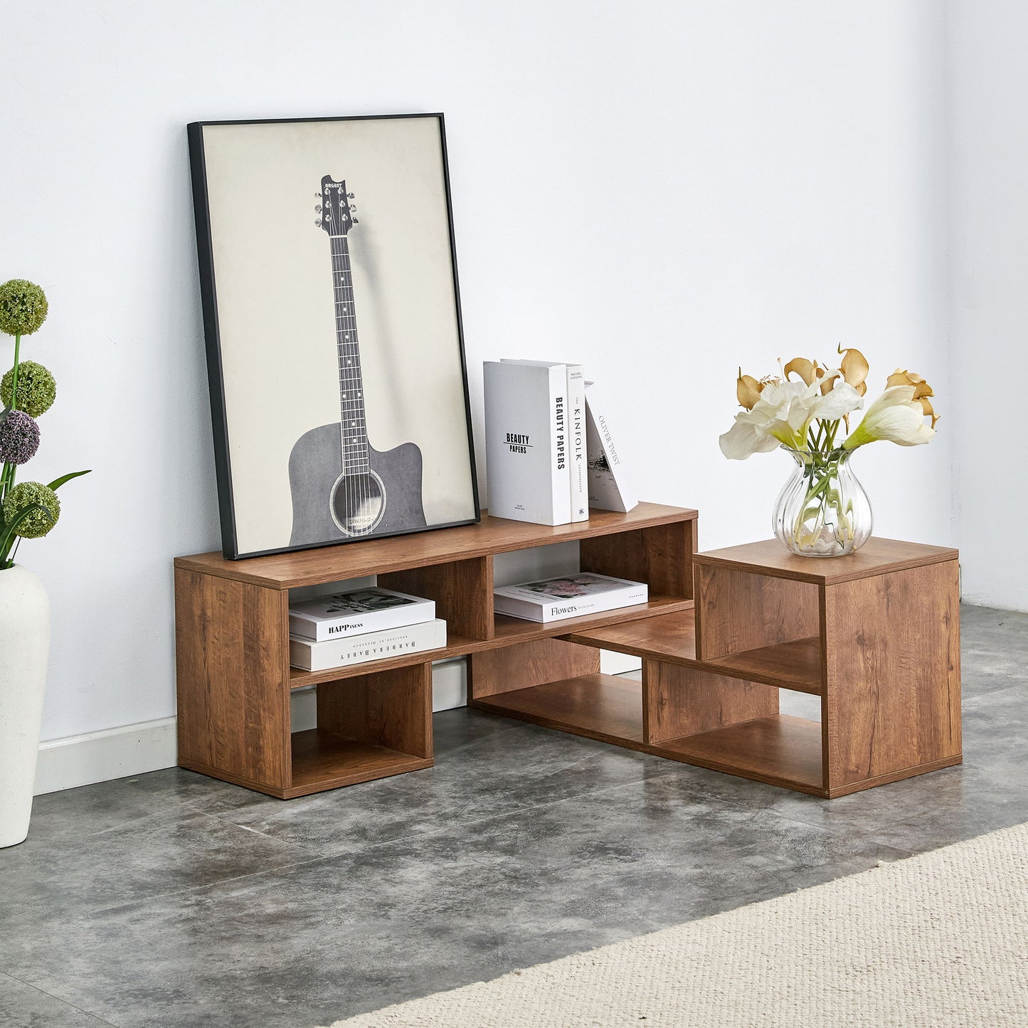 Modern 2 Piece Cube TV Stand With Open Storage, L Shaped Design - Walnut