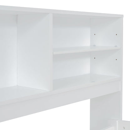 Full Size Daybed With 2 Bedside Cabinets, Upper Shelves And 4 Drawers - White