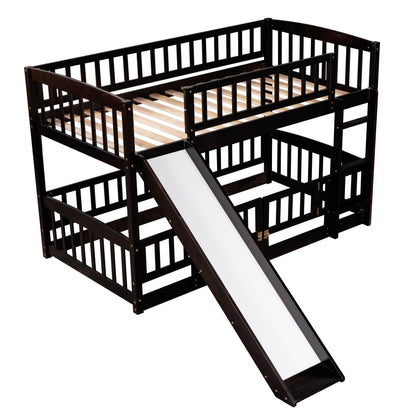 Twin Over Twin Low Bunk Bed With Slide, Fence And Ladder - Espresso