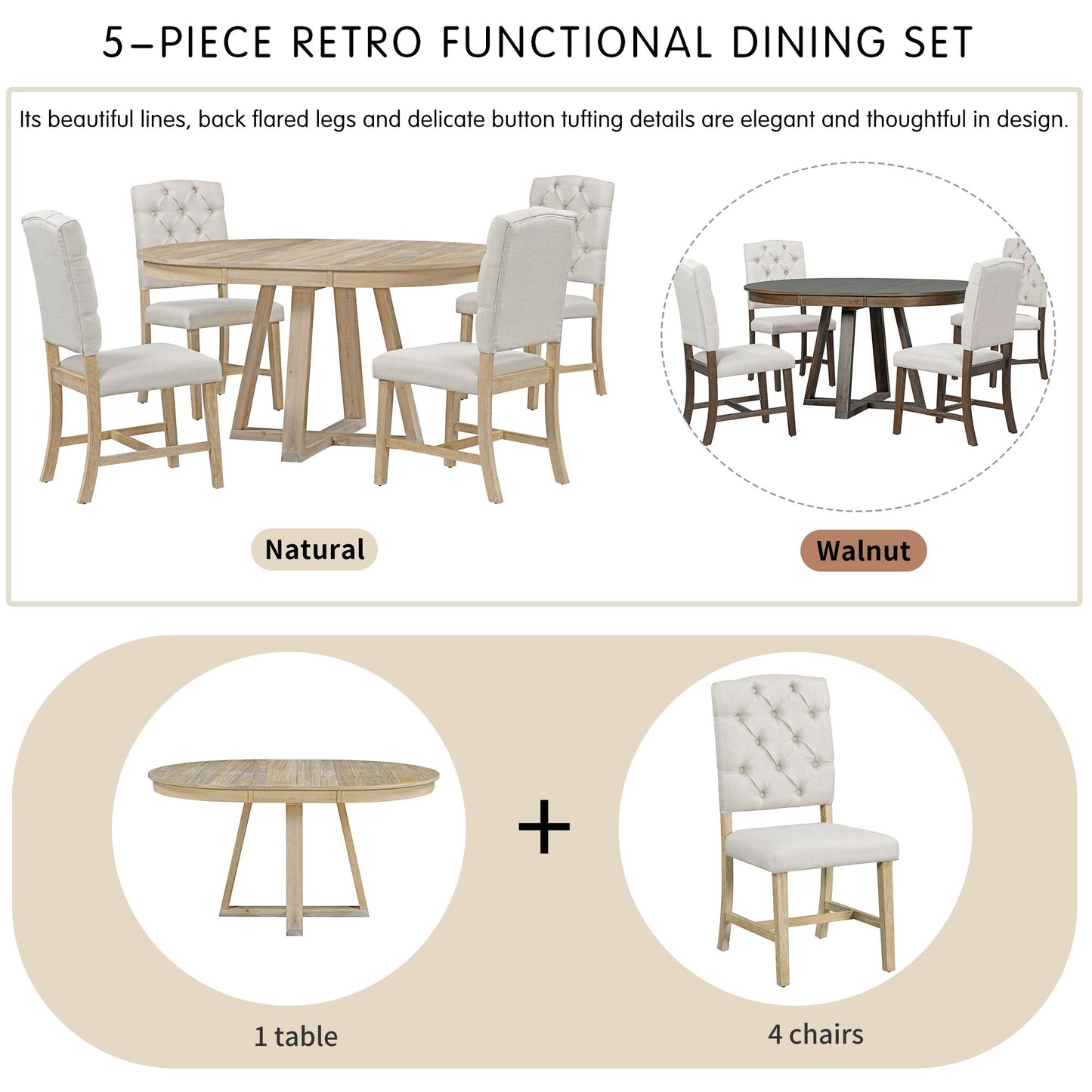 5 Piece Retro Functional Dining Set, Round Table With Leaf And 4 Upholstered Chairs For Dining Room And Living Room - Natural