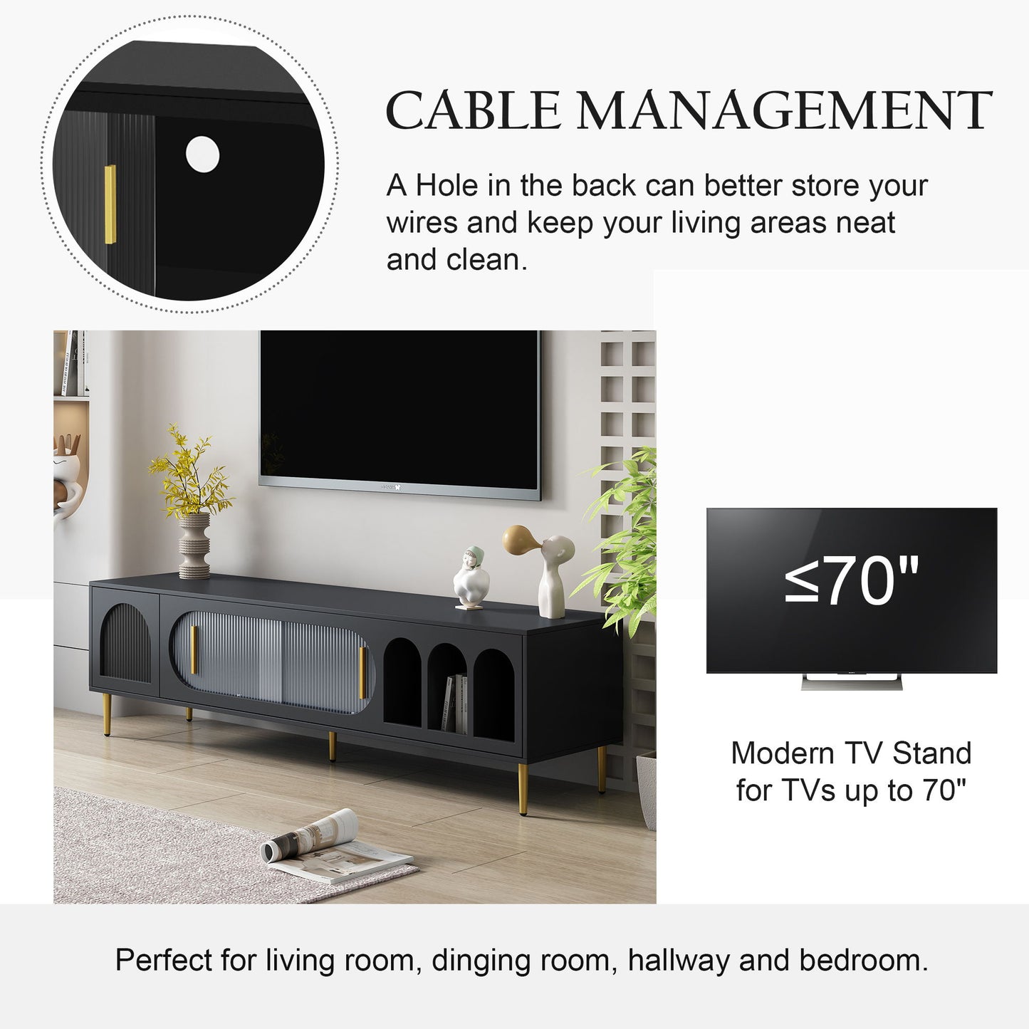 Modern TV Stand For Up To 70" TV, Entertainment Center TV Media Console Table, With 3 Shelves And 2 Cabinets, TV Console Cabinet Furniture For Living Room - Black