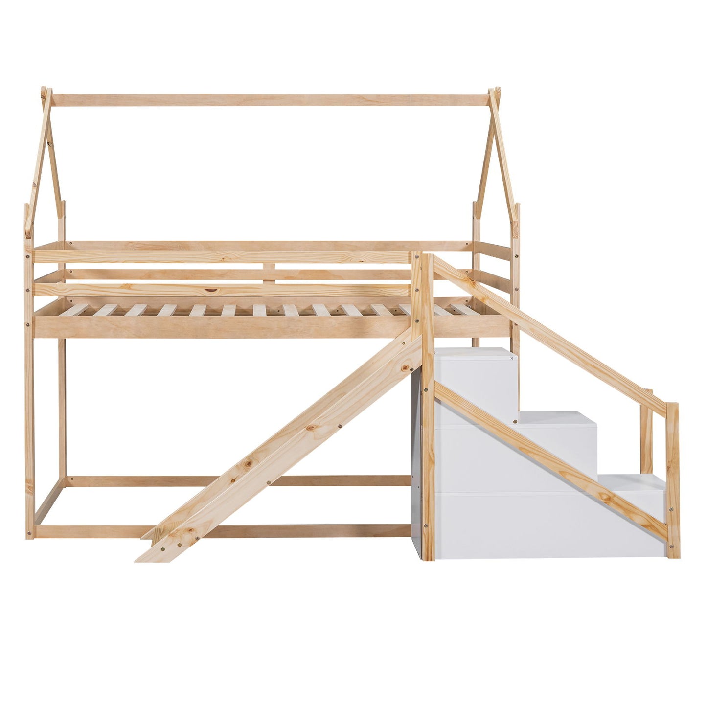Twin Over Twin House Loft Or Bunk Bed With Slide And Staircase - Natural