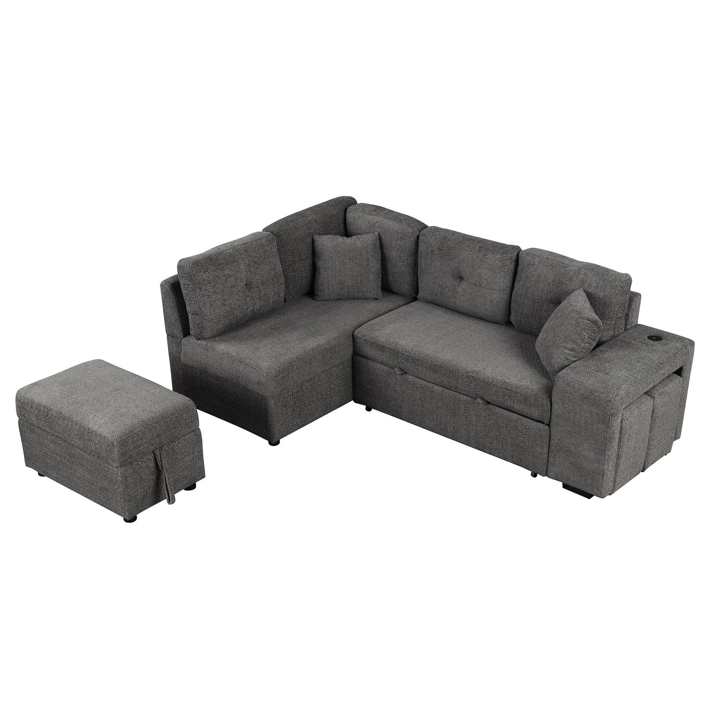 Convertible Sleeper, Sectional Pull Out Sofa Bed With Storage Ottoman, 2 Throw Pillows, 2 Stools, Wireless Charger And Two Hidden USB Ports For Living Room - Dark Gray