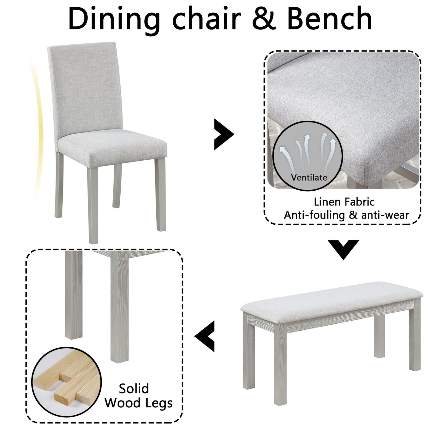 6 Piece Wooden Dining Table Set, Wooden Dining Table With 4 Upholstered Chairs And Bench For 6 People, Rectangular Dining Table Set With Crystal Decoration For Kitchen, Dining Room - Silver Gray