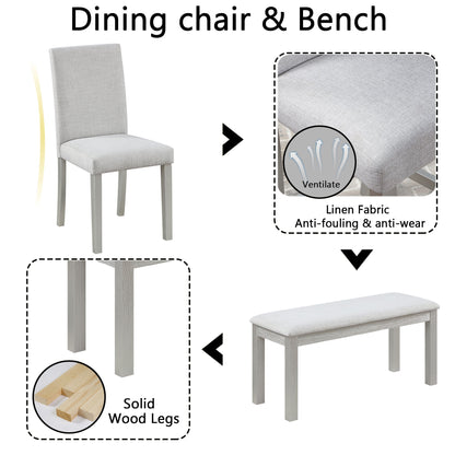 6 Piece Wooden Dining Table Set, Wooden Dining Table With 4 Upholstered Chairs And Bench For 6 People, Rectangular Dining Table Set With Crystal Decoration For Kitchen, Dining Room - Silver Gray