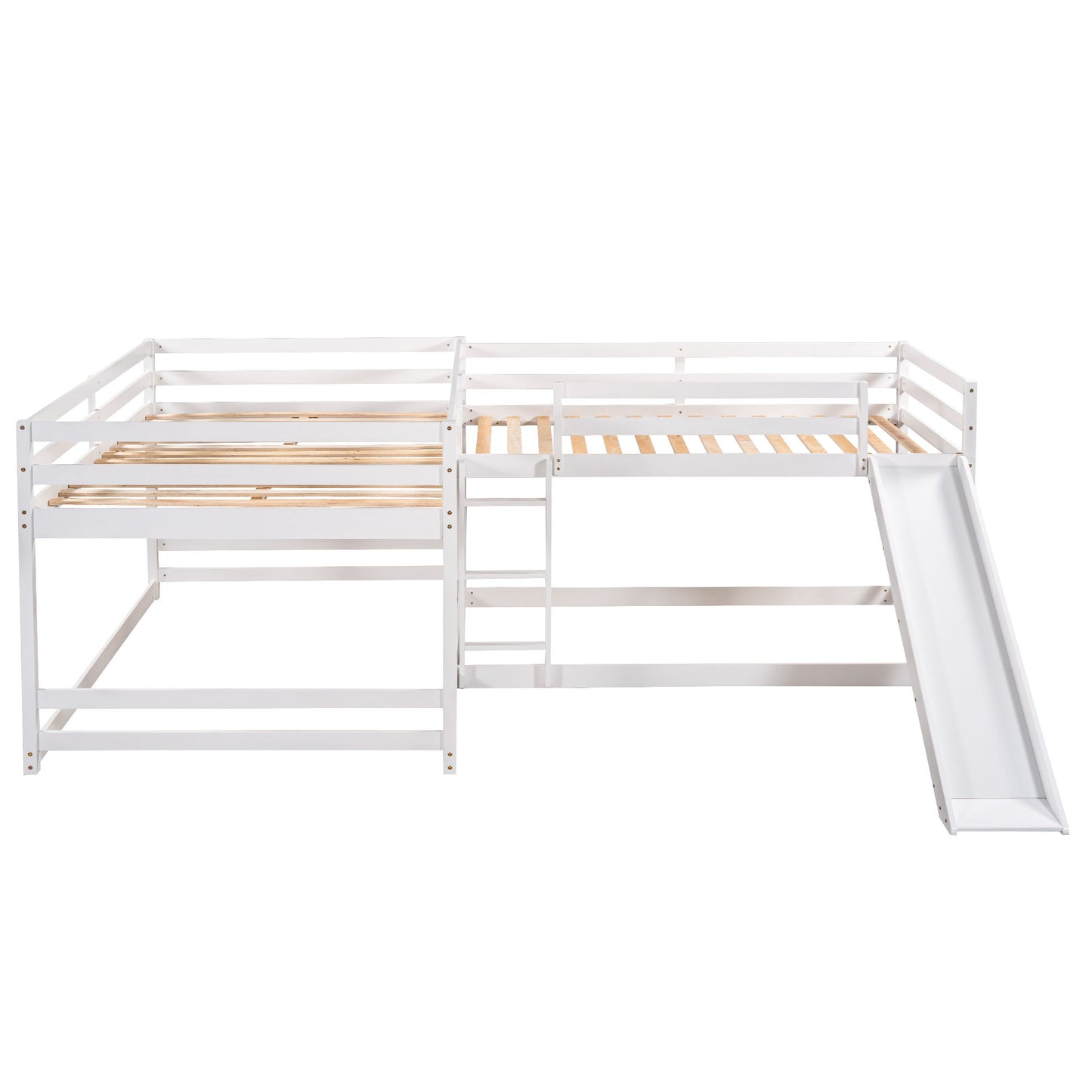 Full And Twin Size L-Shaped Bunk Bed With Slide And Short Ladder - White