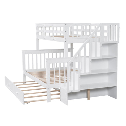 Twin Over Full Bunk Bed With Twin Size Trundle, Storage And Guard Rail For Bedroom - White