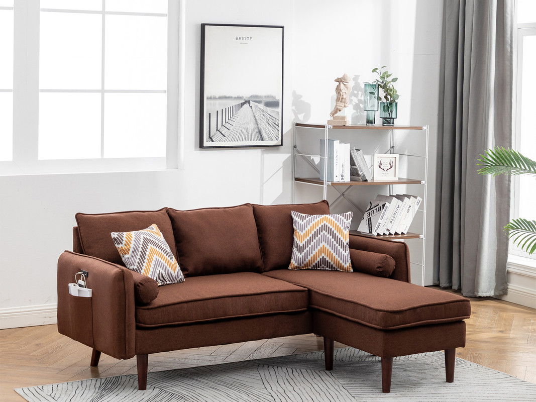 Mia - Sectional Sofa Chaise With USB Charger And Pillows - Brown