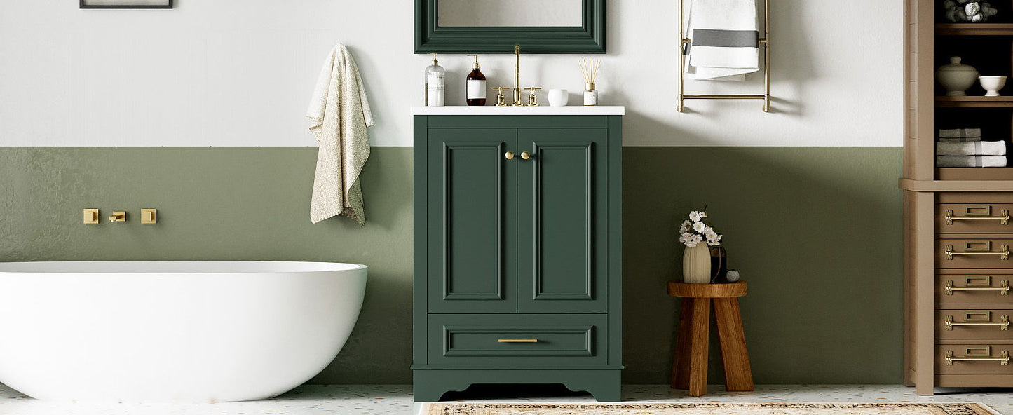Bathroom Vanity With Ceramic Sink Combo, Modern Freestanding Storage Cabinet With Silver Handles, Soft Closing Doors - Green