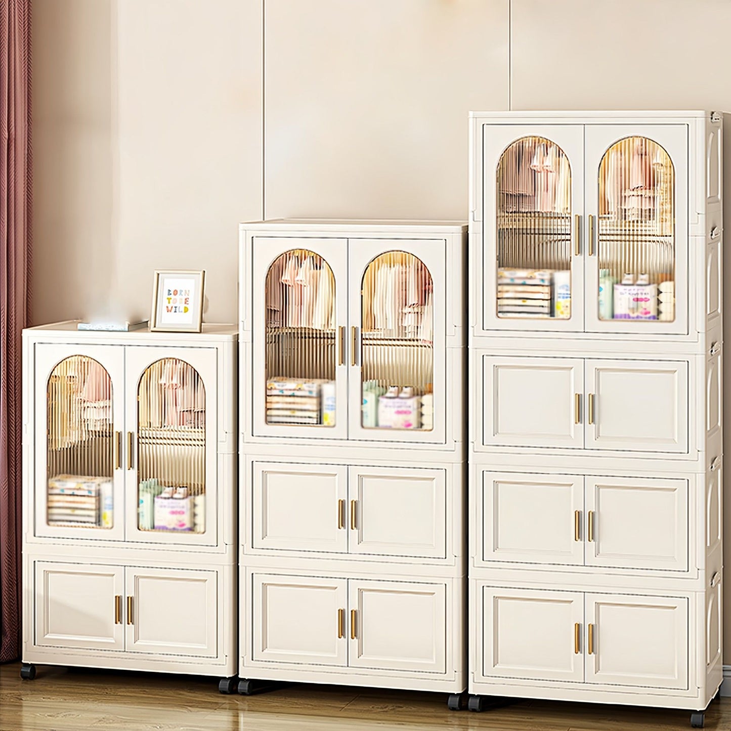 Side Wide Folding Wardrobe, With Magnetic Door, Plastic Storage Cabinet With Wheels (1 Layer Of Wardrobe + 2 Layers Of Folding Boxes + 10 Hangers) - Cream White