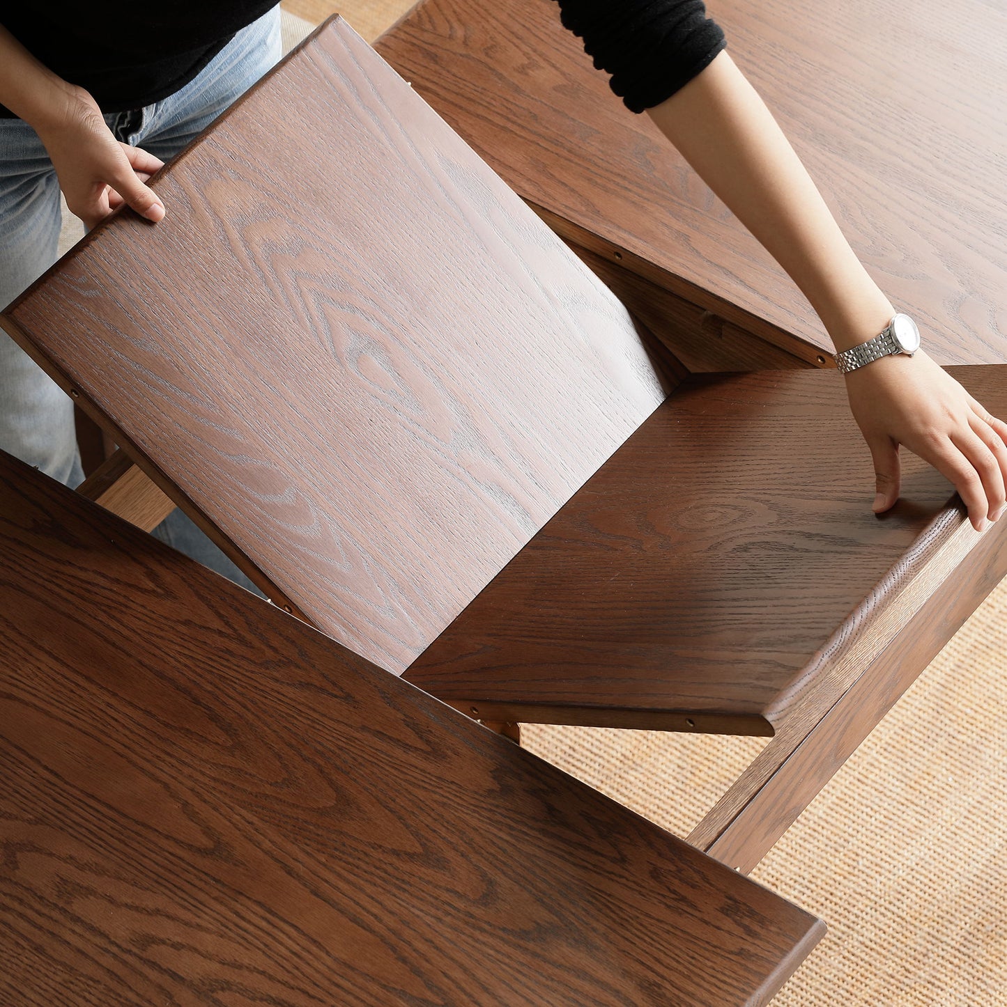 Round Corner Diagonal Leg Telescopic Table, For 6 - 8 People To Meet Dining Table - Walnut
