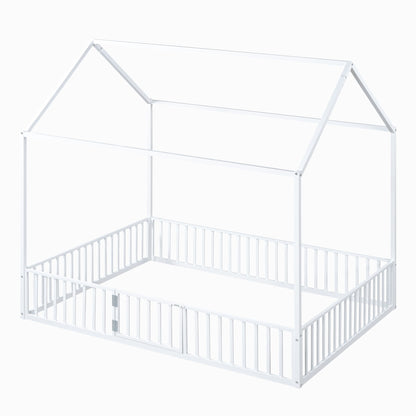House Bed With Fence And Door - White