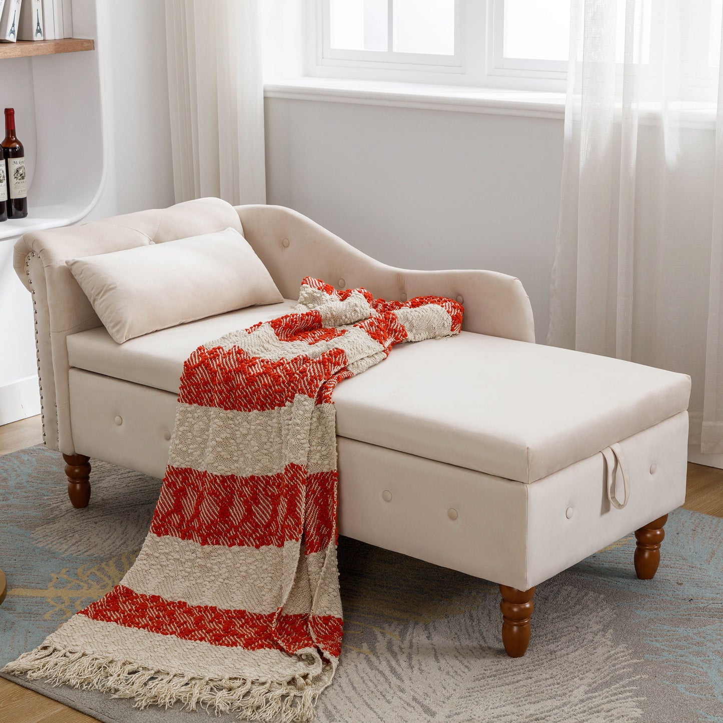 Chaise Lounge Indoor, Velvet Lounge Chair For Bedroom With Storage & Pillow, Modern Upholstered Rolled Arm Chase Lounge For Sleeping With Nailhead Trim For Living Room Bedroom Office - Beige