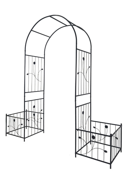 Metal Garden Arch With Two Plant Stands Wide High Climbing Plants Support Rose Arch Outdoor - Black