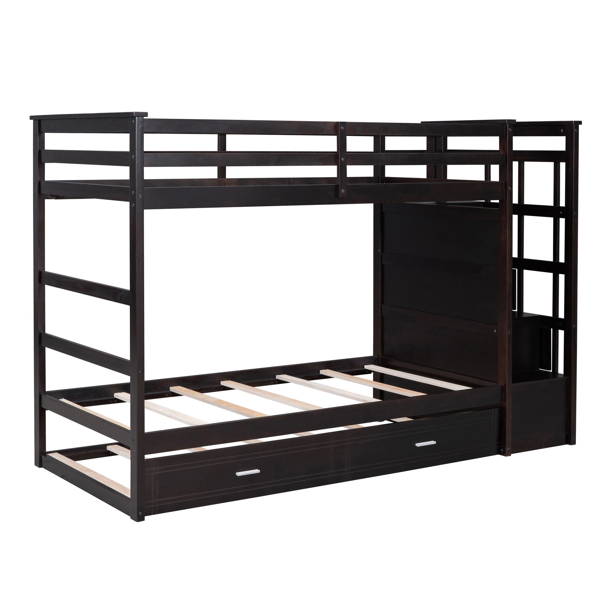 Twin Over Twin Bunk Bed With Trundle And Staircase - Espresso