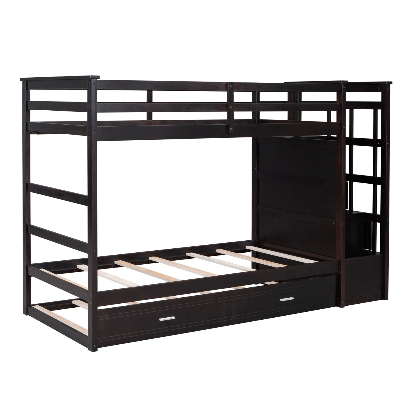 Twin Over Twin Bunk Bed With Trundle And Staircase - Espresso