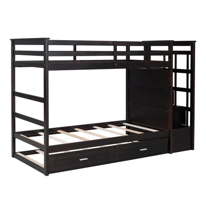 Twin Over Twin Bunk Bed With Trundle And Staircase - Espresso