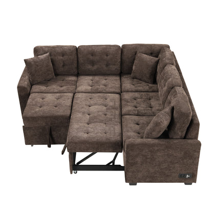 L-Shape Sofa Bed Pull-Out Sleeper Sofa With Wheels, USB Ports, Power Sockets For Living Room - Brown