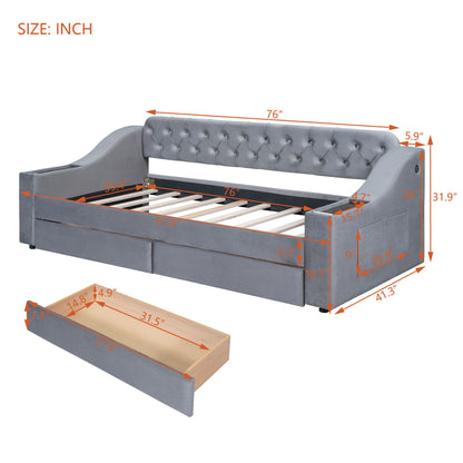 Twin Size Upholstered Daybed With Storage Armrests And USB Port - Gray