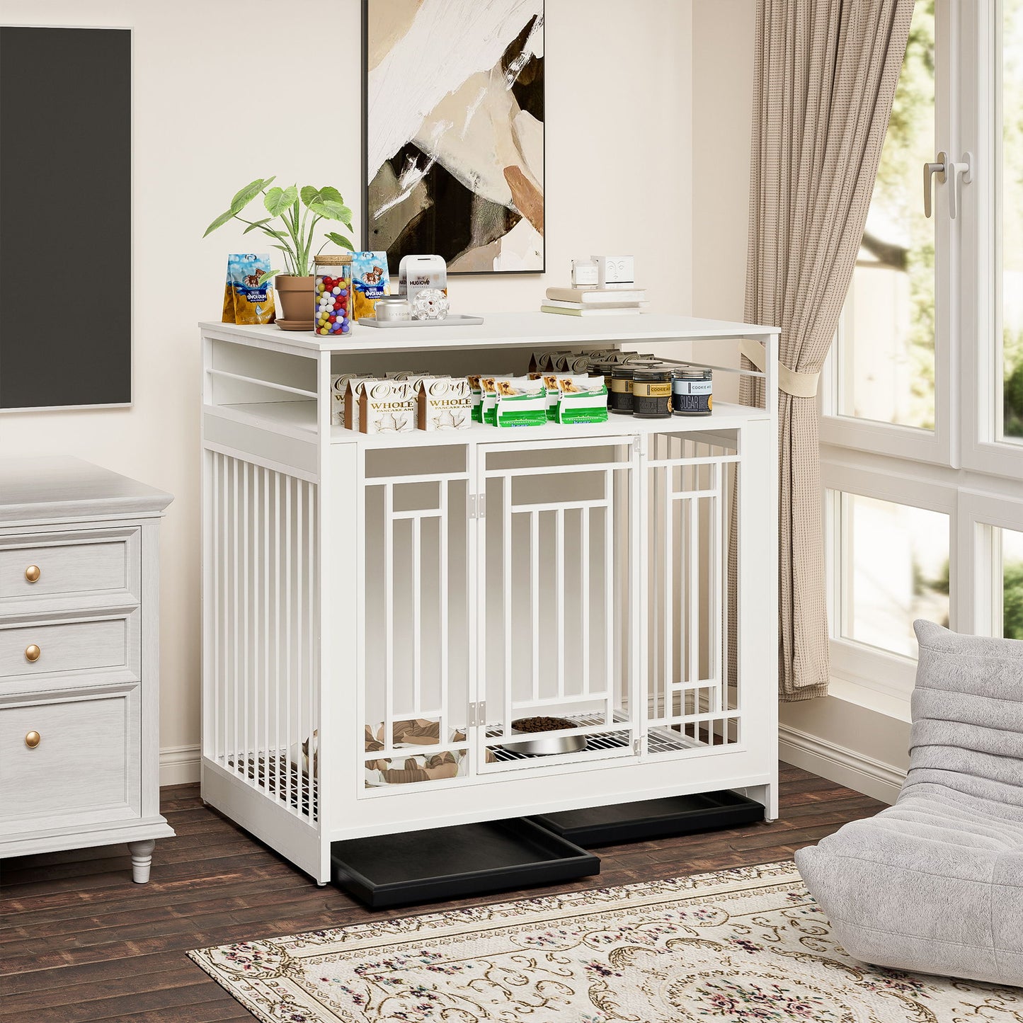 Wooden Dog Crate Furniture With Divider And Storage - White
