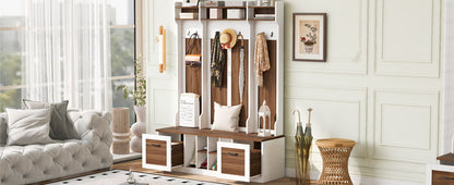 5 In 1 Entryway Bench With Coat Rack, 7 Sturdy Hooks, 2 Spacious Drawers And Adjustable Shelves, Wide Hall Tree With Metal Handles For Hallway - Brown / White