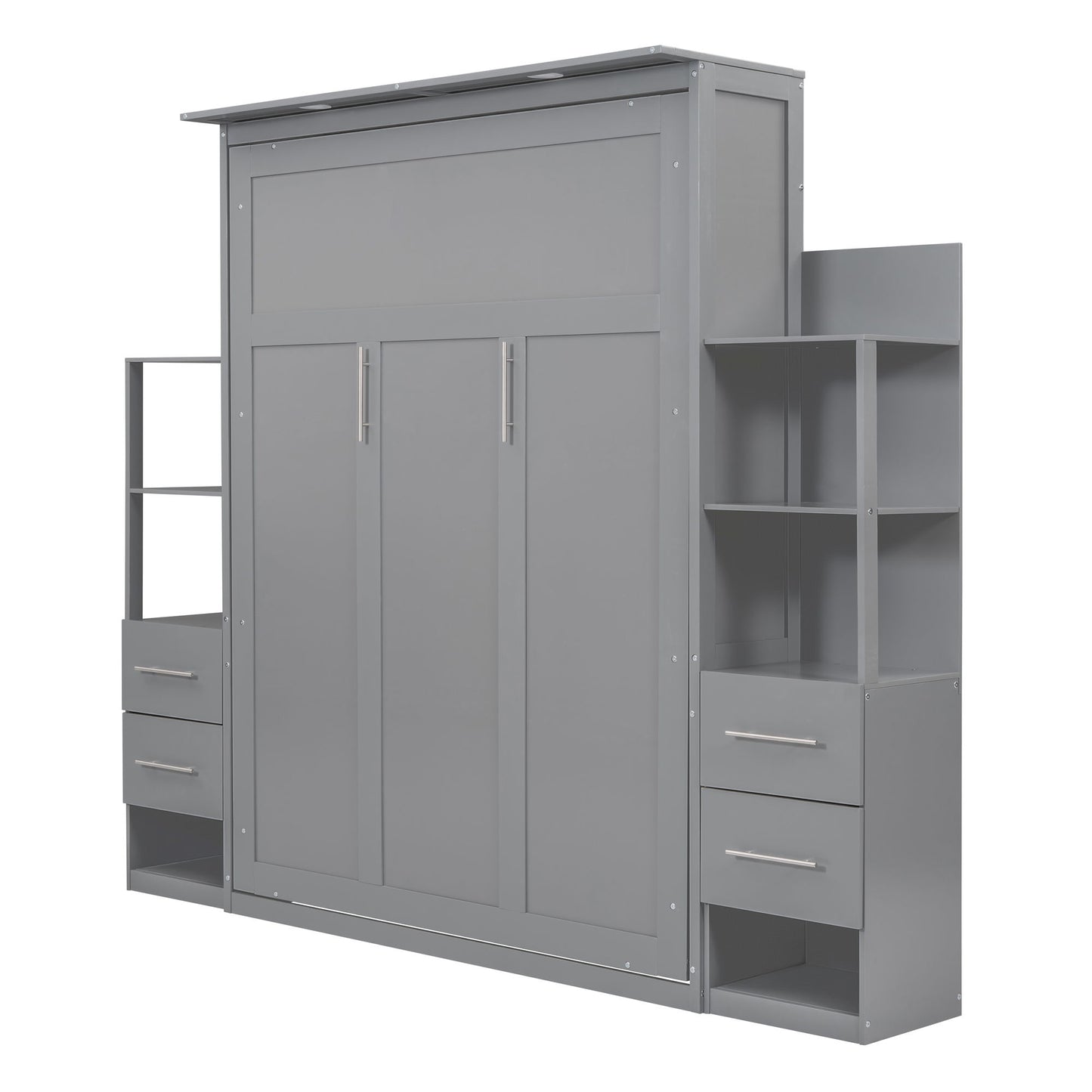 Queen Size Murphy Wall Bed With Shelves, Drawers And LED Lights - Gray