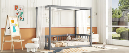 Twin Size Canopy Frame Floor Bed With Fence, Guardrails - Gray