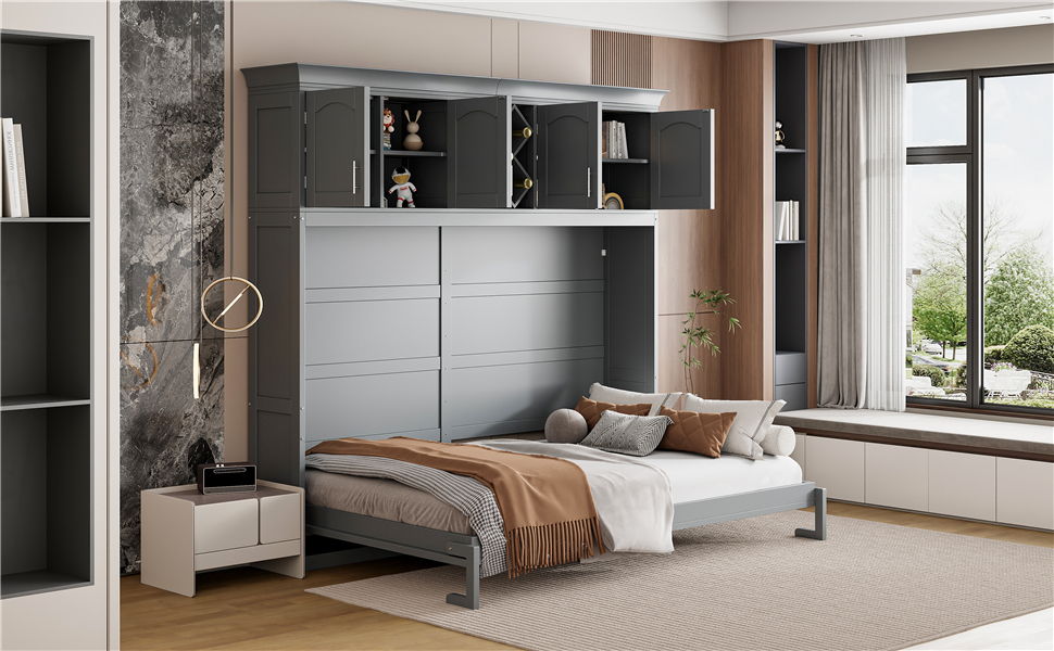 Queen Size Murphy Wall Bed With Top Cabinets & Wine Rack - Gray