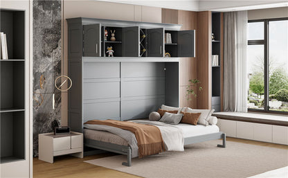 Queen Size Murphy Wall Bed With Top Cabinets & Wine Rack - Gray