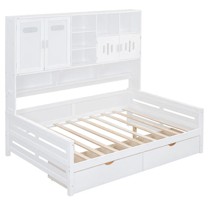Full Size Daybed With 2 Drawers And All In One Cabinet And Shelf - White