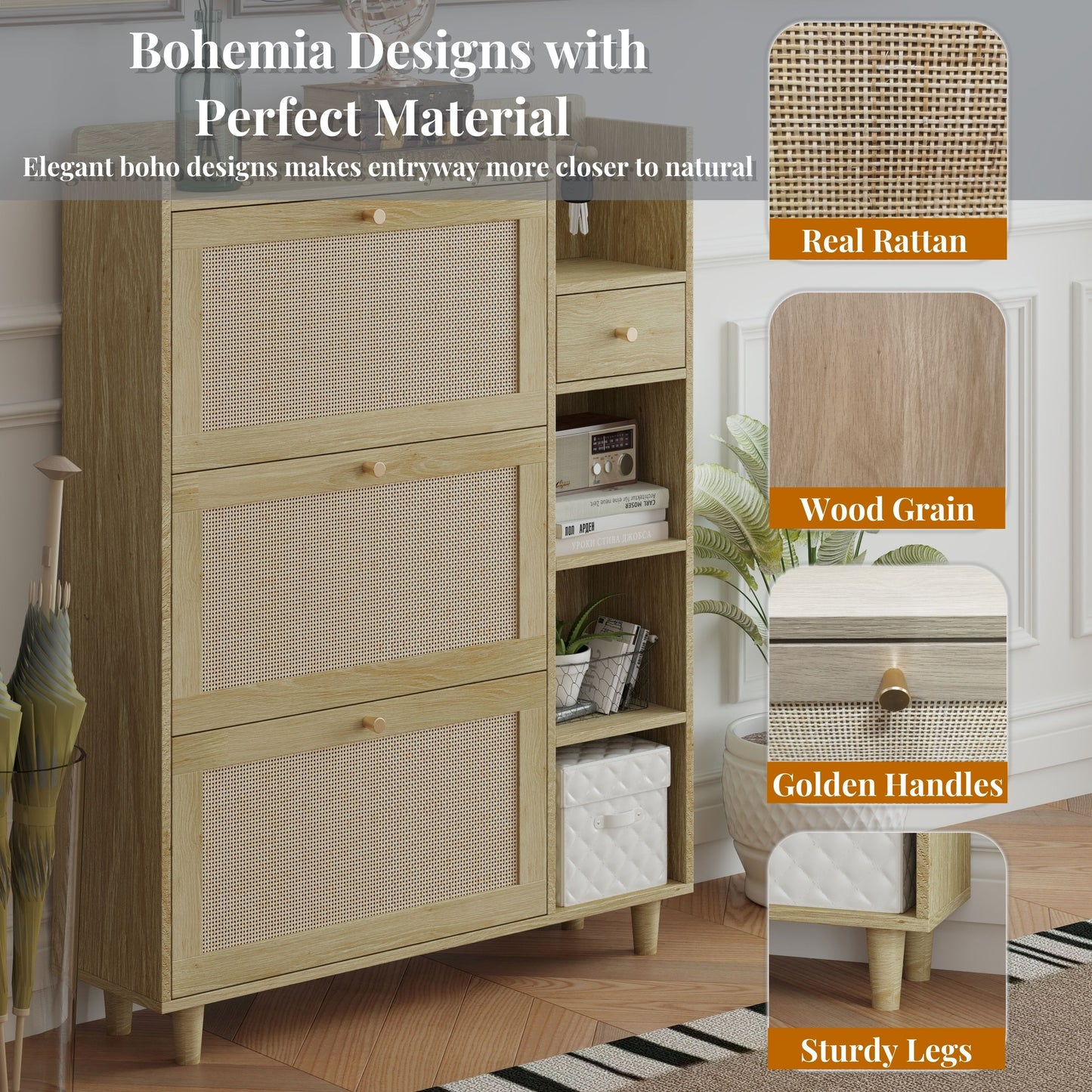 Natural Bohemia Style Shoe Cabinet, Shoe Rack Cabinet With 3 Rattan Flip Drawers, 3 Square Shelves And 1 Storage Drawer, Shoe Organizer With Mulit Storage Space And Hooks For Hallway, Entryway - Natural