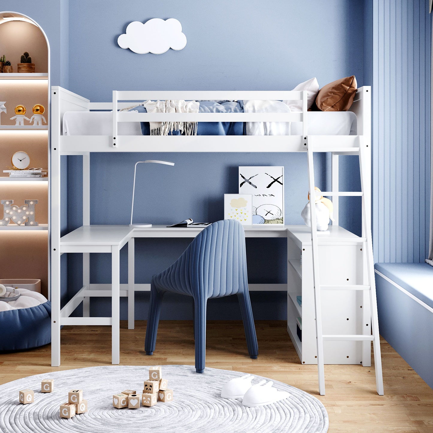Full Size Loft Bed With Shelves With Desk - White