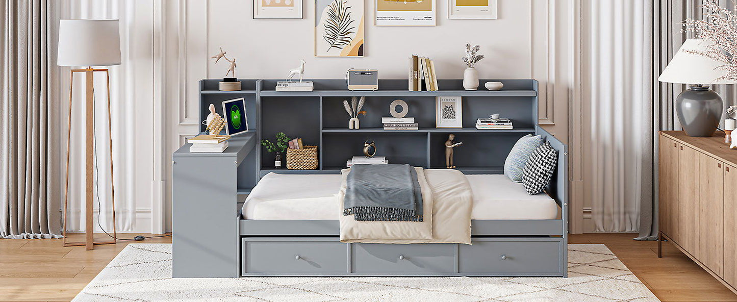 Twin Size Daybed With 3 Drawers USB Ports And Desk - Gray
