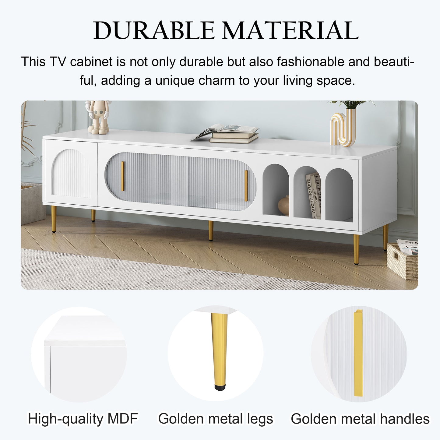 Modern TV Stand For Up To 70" TV, Entertainment Center TV Media Console Table, With 3 Shelves And 2 Cabinets, TV Console Cabinet Furniture For Living Room - White