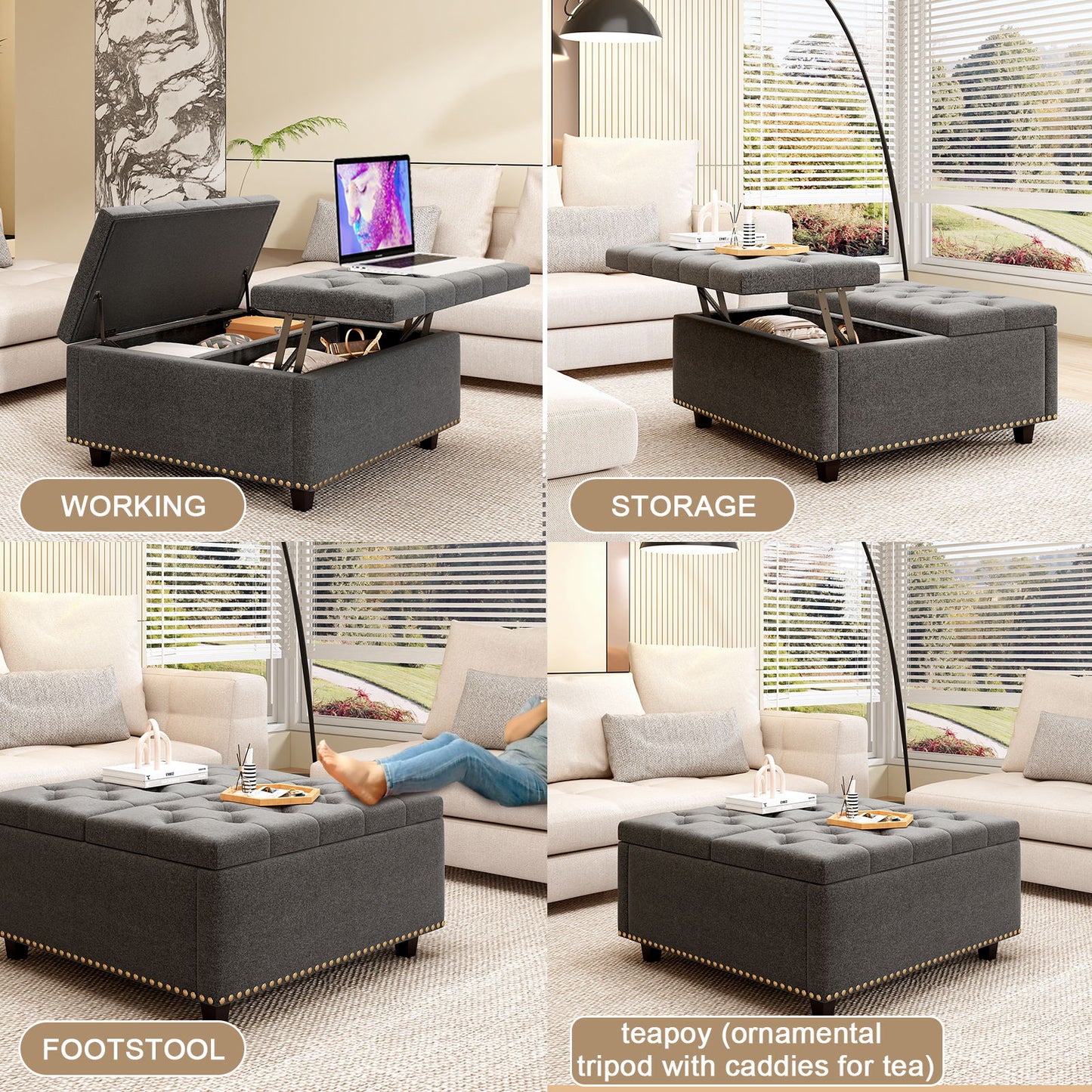 Massive Square Storage Bench, Footstool With 2 Storage Doors, Mid - Century Modern Coffee Table For Living Room, Nailhead Inlay - Dark Gray
