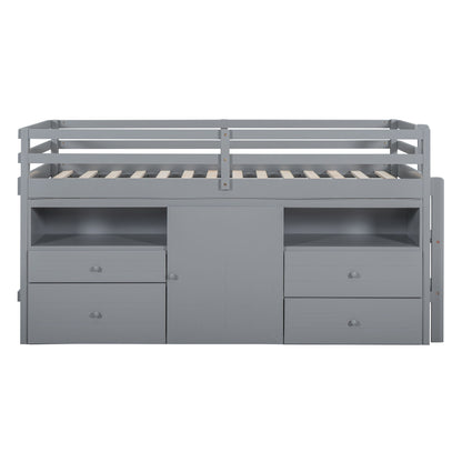 Twin Size Loft Bed With 4 Drawers, Underneath Cabinet And Shelves - Gray