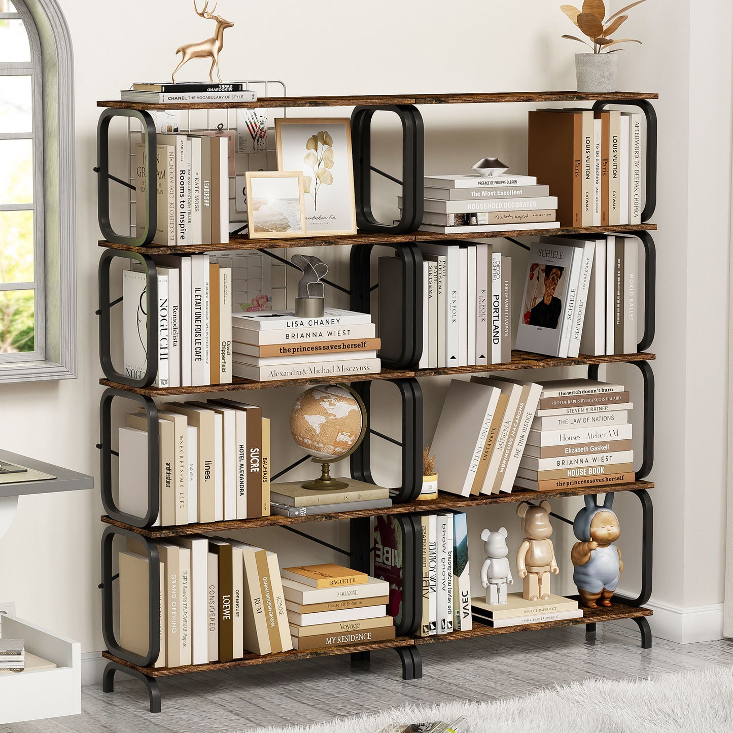 5 Tier Industrial Bookshelf, Rustic Brown Tall Bookcase With Open Wood & Metal Design, Vintage Storage Organizer - Black
