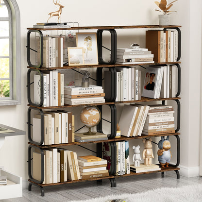 5 Tier Industrial Bookshelf, Rustic Brown Tall Bookcase With Open Wood & Metal Design, Vintage Storage Organizer - Black