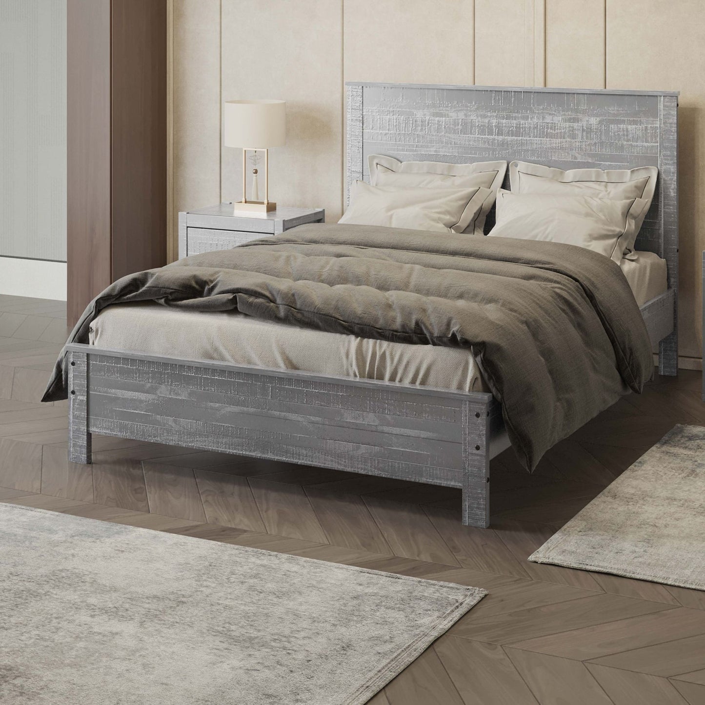 Albany - Full Bed Frame With Headboard, Heavy Duty Modern Rustic Design - Gray