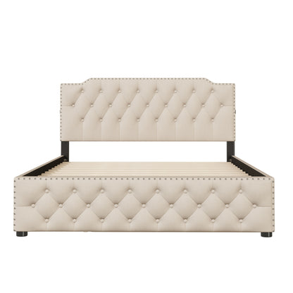 Queen Size Upholstered Platform Bed With Twin Size Trundle And 2 Sets Of USB Ports On Each Side - Beige