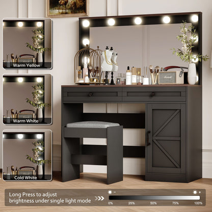 Makeup Vanity Table, Makeup Table With Large Mirror And 11 LED Light, Brightness Adjustable, Dressing Table Desk With 3 Drawers, Vanity Desk For Women (With Stool) - Black